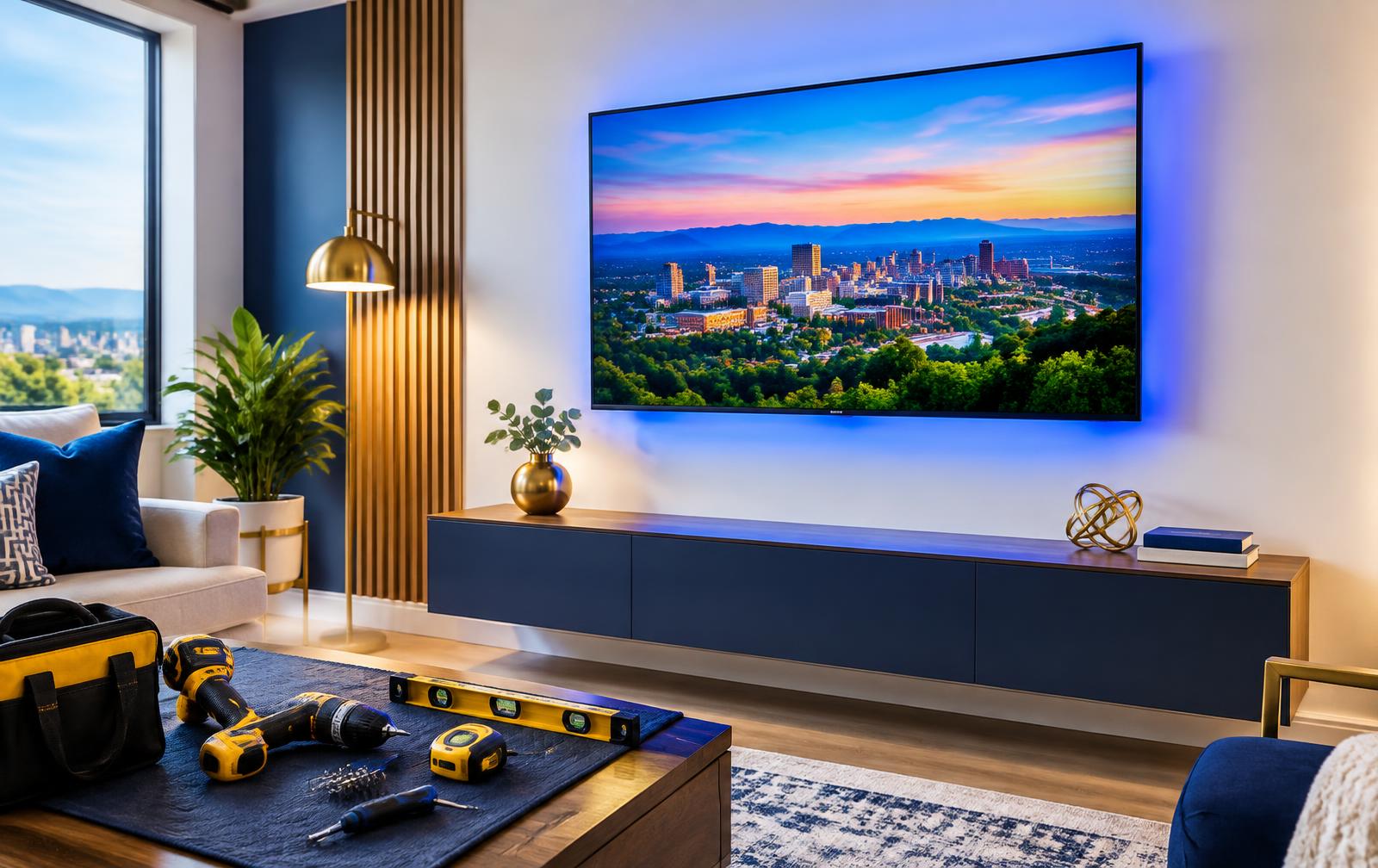 Professionally mounted TV in a bright Greensboro living room